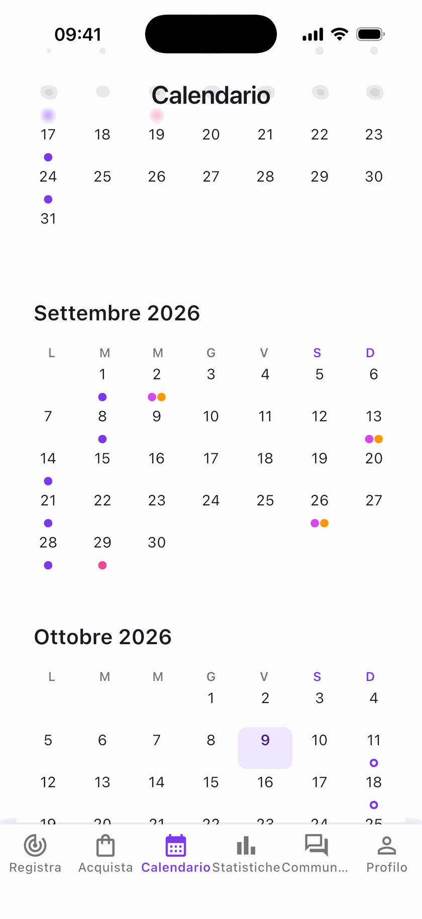 Il calendario di Jilpy con le registrazioni del mese e le iniezioni in programma