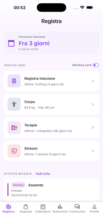 La schermata Registra di Jilpy, con la prossima iniezione in programma e le ultime registrazioni